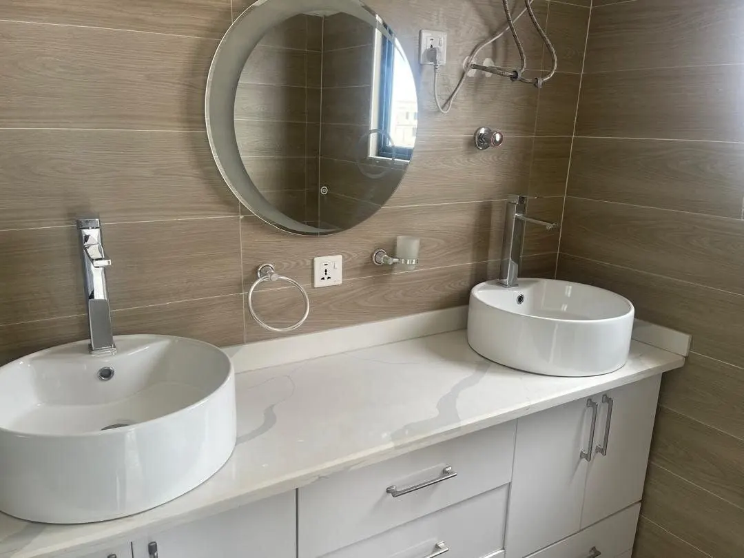Modern double-sink bathroom vanity in a Jolly Homes residence